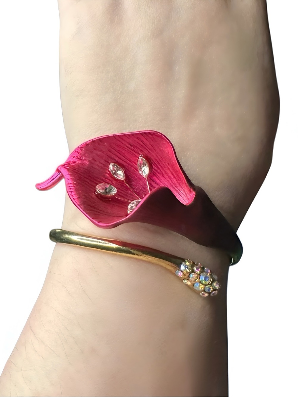 Betsey Johnson Pink Calla Lily Flower Crystal Accented Hinged Bracelet